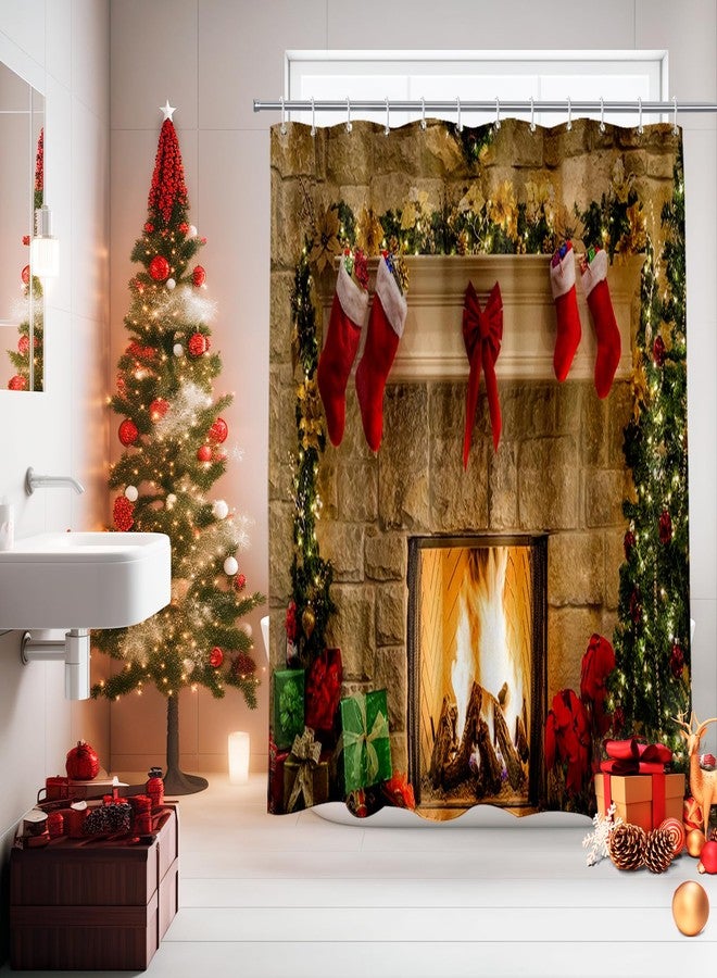 BROSHAN Fabric Christmas Shower Curtain, Red Christmas Shower Curtains for Bathroom, Winter Holiday Bathroom Decor, Xmas Tree Fireplace Pattern - Image 2