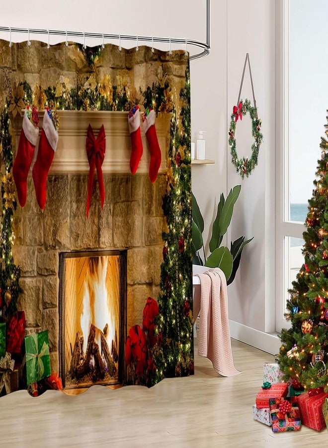 BROSHAN Fabric Christmas Shower Curtain, Red Christmas Shower Curtains for Bathroom, Winter Holiday Bathroom Decor, Xmas Tree Fireplace Pattern - Image 1