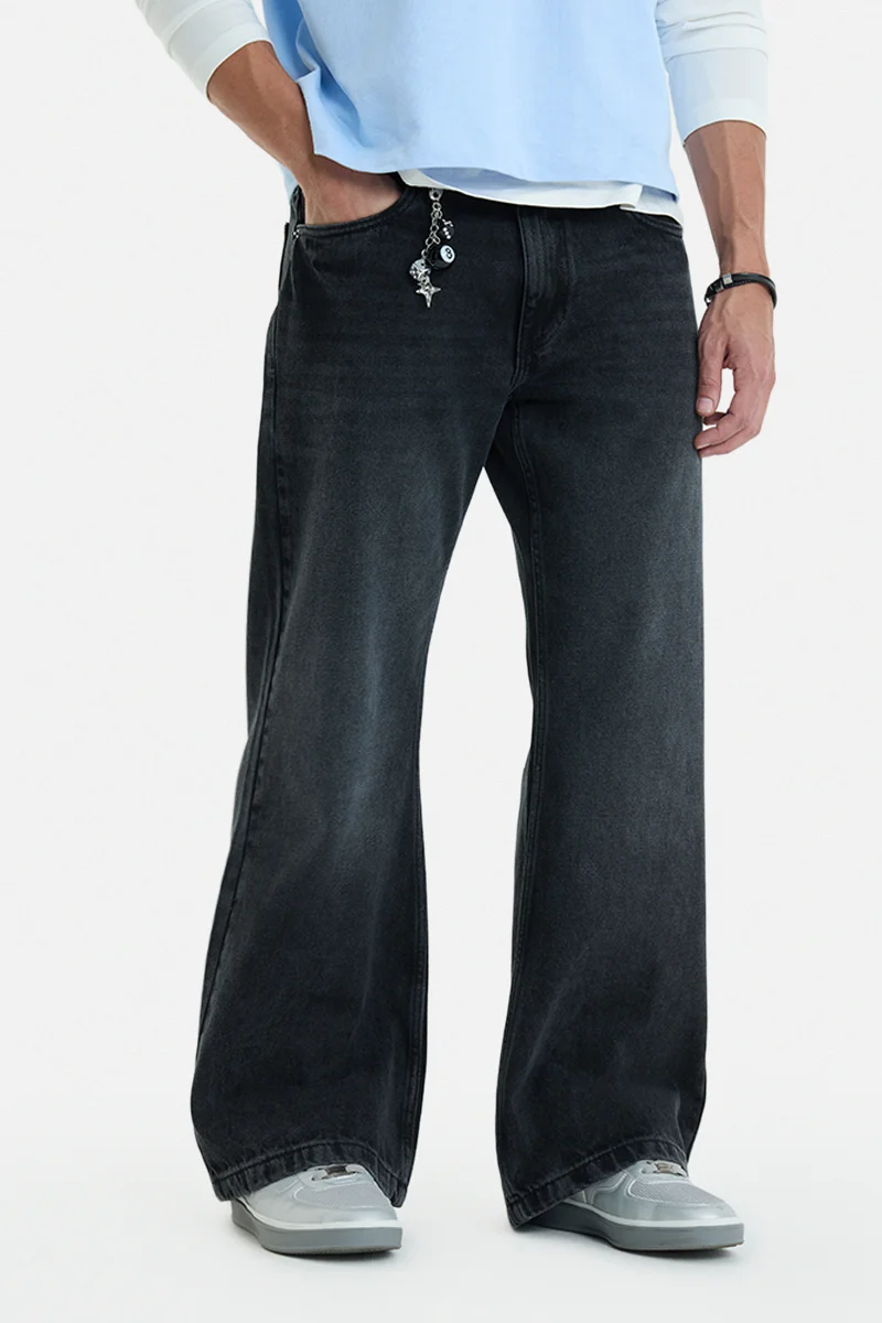 سنيتش Black Solid Flared Fit Streetwear Jeans