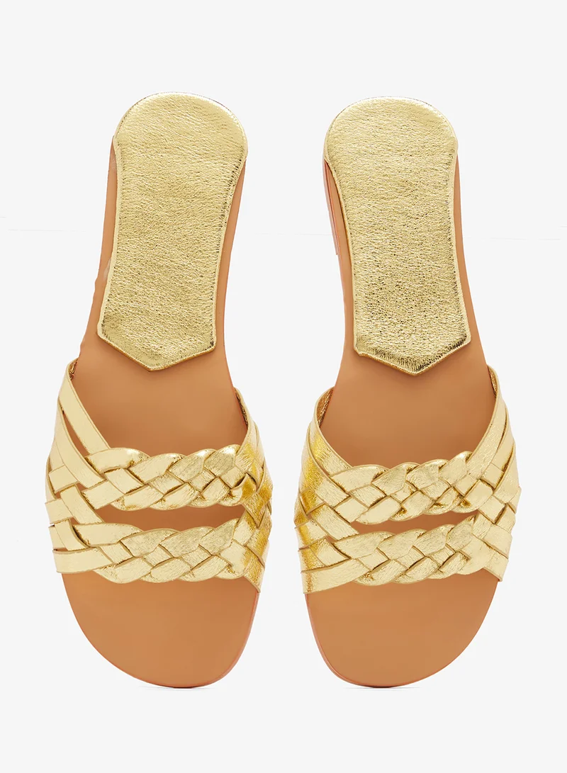 Khizana Gold Gold Woven Detail Flat Sandals for Women | Best Price UAE