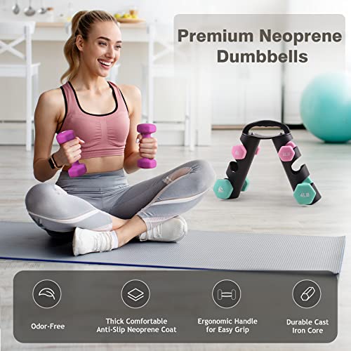 LIONSCOOL Get Fit 2LB 3LB 4LB Pair Neoprene Coated Dumbbell Set with Sturdy and Portable Rack, All Purpose Premium Hex Dumbbell Set for Home Gym and Strength Training, No Assembly Needed - Image 4