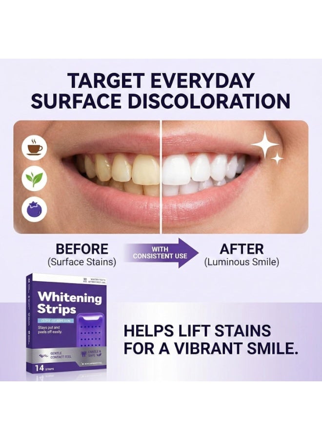Feimuko Purple Teeth Whitening Strips for Sensitive Teeth, Enamel-Safe Color Correcting Tooth Whitener, Effectively Removes Stubborn Stains, Fast Acting  Non-Slip Grip, 14 Strips - Image 4