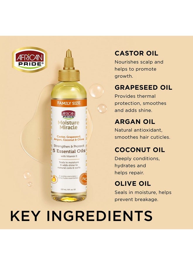 African Pride Moisture Miracle 5 Essential Hair Oils Contains Castor Grapeseed Argan Coconut & Olive Oil Seals In Moisture & Adds Shine To Hair Vitamin E 8 Oz  - Image 4