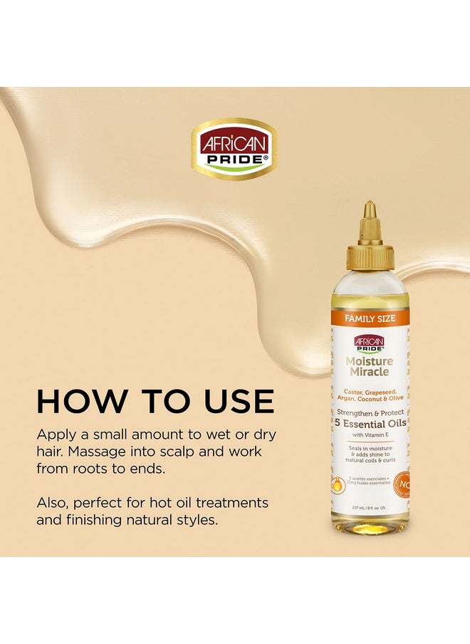 African Pride Moisture Miracle 5 Essential Hair Oils Contains Castor Grapeseed Argan Coconut & Olive Oil Seals In Moisture & Adds Shine To Hair Vitamin E 8 Oz  - Image 3