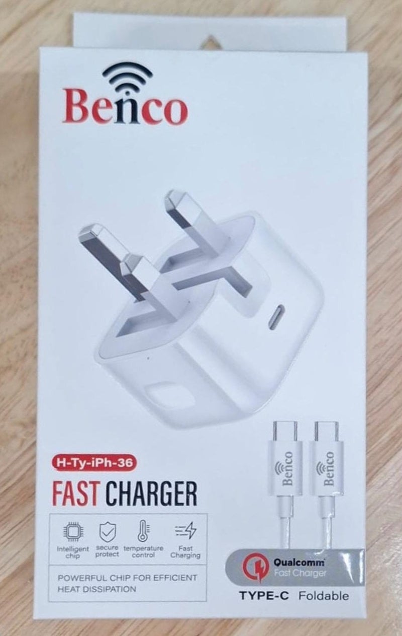 بينكو طقم الشحن السريع Benco H-Ty-IPh-36 بقوة 38 واط - محول مكعب PD بقوة 20 واط مع كابل مضفر من النوع C - أبيض - Image 3