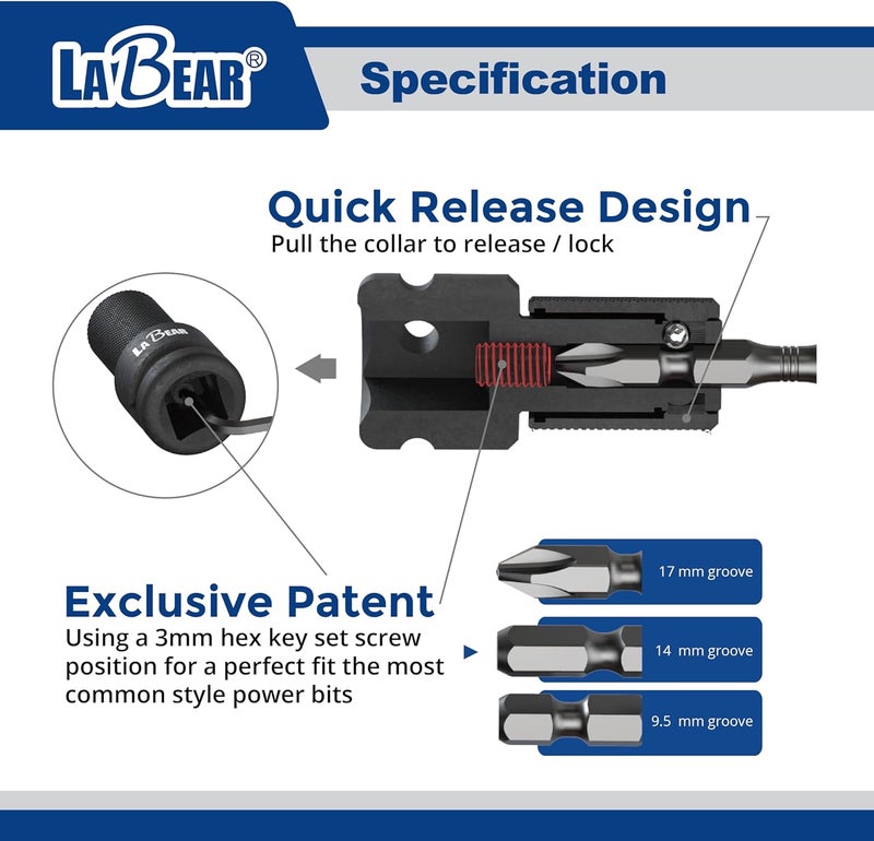 LABEAR Quick Release Bit Holder 3/8" Square Drive to 1/4" Hex Impact Adapter, with Patent Adjustable Screw, Cr-Mo Steel for Ratchet, Drill & Power Tools - Image 2