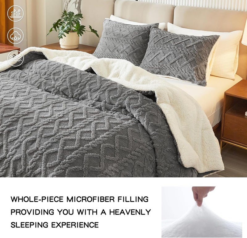 Joyreap 3-Piece Fluffy Faux Fur Sherpa Comforter Set Gray, King Size Luxury Tufted Bedding Comforter Set, All Season Soft n Cozy Plush Comforter Bed Set- 100x88 inches - Image 4