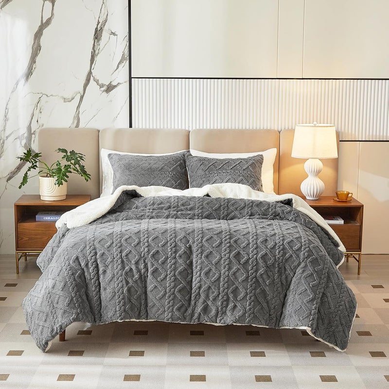 Joyreap 3-Piece Fluffy Faux Fur Sherpa Comforter Set Gray, King Size Luxury Tufted Bedding Comforter Set, All Season Soft n Cozy Plush Comforter Bed Set- 100x88 inches - Image 3