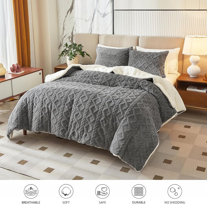 Joyreap 3-Piece Fluffy Faux Fur Sherpa Comforter Set Gray, King Size Luxury Tufted Bedding Comforter Set, All Season Soft n Cozy Plush Comforter Bed Set- 100x88 inches - Image 2