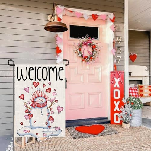 Decorhua Snowman Love Heart Welcome Garden Flags Burlap 12x18 Inch Double Sided Outside, Valentine's Day Decoration Holiday Yard Sign DF413 - Image 4