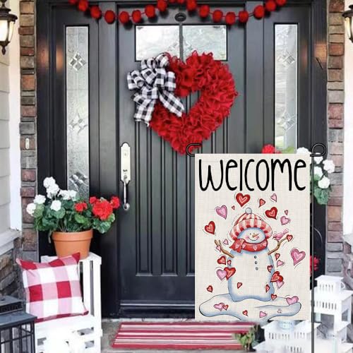 Decorhua Snowman Love Heart Welcome Garden Flags Burlap 12x18 Inch Double Sided Outside, Valentine's Day Decoration Holiday Yard Sign DF413 - Image 2