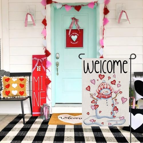 Decorhua Snowman Love Heart Welcome Garden Flags Burlap 12x18 Inch Double Sided Outside, Valentine's Day Decoration Holiday Yard Sign DF413 - Image 5