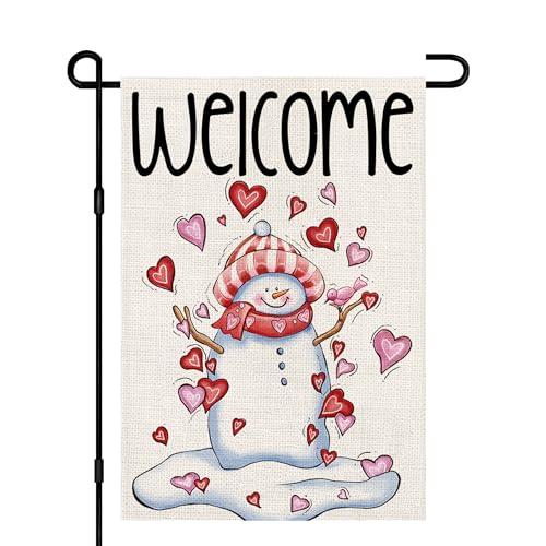 Decorhua Snowman Love Heart Welcome Garden Flags Burlap 12x18 Inch Double Sided Outside, Valentine's Day Decoration Holiday Yard Sign DF413 - Image 1