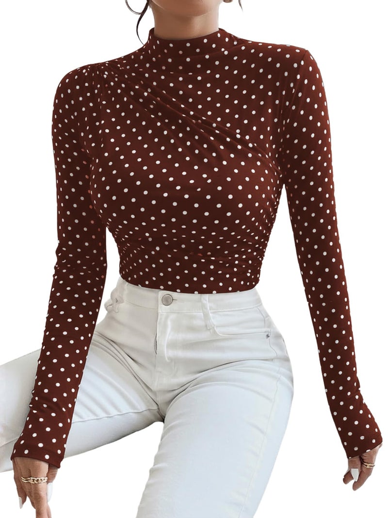 SweatyRocks Women's Bodysuit Mock Neck Casual Ruched Long Sleeve Jumpsuit Brown Polka Dots Small - Image 3