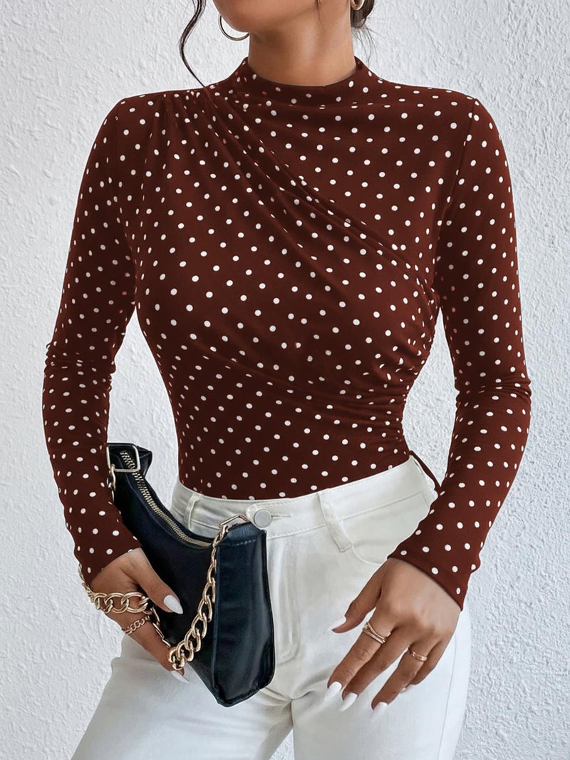 SweatyRocks Women's Bodysuit Mock Neck Casual Ruched Long Sleeve Jumpsuit Brown Polka Dots Small - Image 2