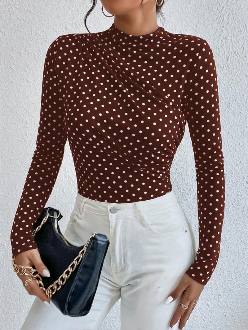 SweatyRocks Women's Bodysuit Mock Neck Casual Ruched Long Sleeve Jumpsuit Brown Polka Dots Small - Image 4