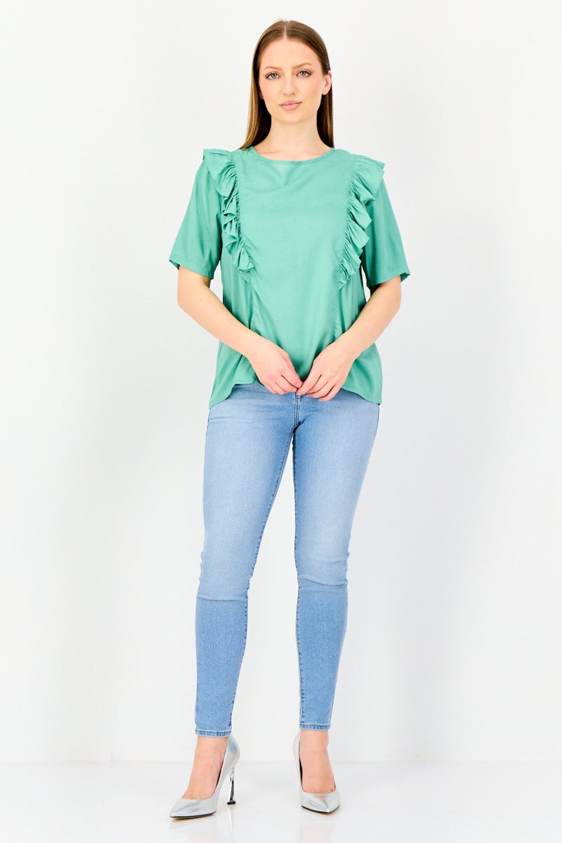 VERO MODA I Scenery by Vero Moda Women Crew Neck Short Sleeve Solid Top, Mint - Image 4