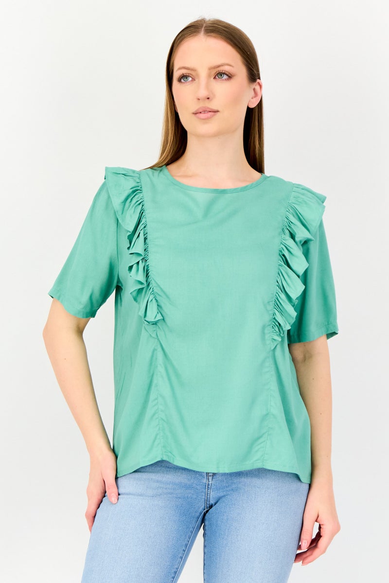 VERO MODA I Scenery by Vero Moda Women Crew Neck Short Sleeve Solid Top, Mint - Image 1