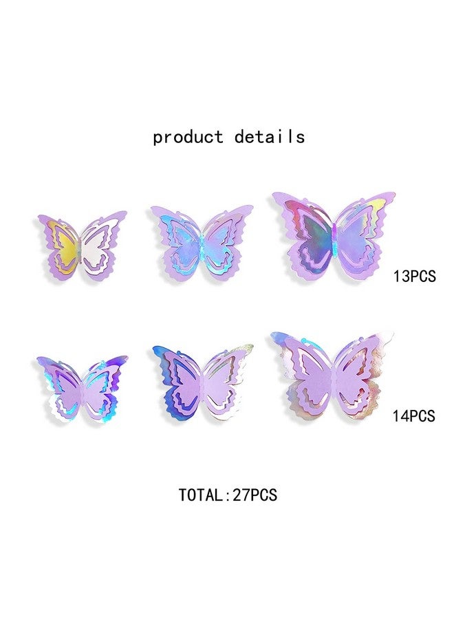 pinkblume Iridescent Purple Butterfly Decorations Stickers Lavender 3D Butterfies Wall Art Removable Wall Decals For Mermaid Pastel Home Living Room Baby Bedroom Showcase Nursery Decor (27Pcs) - Image 2