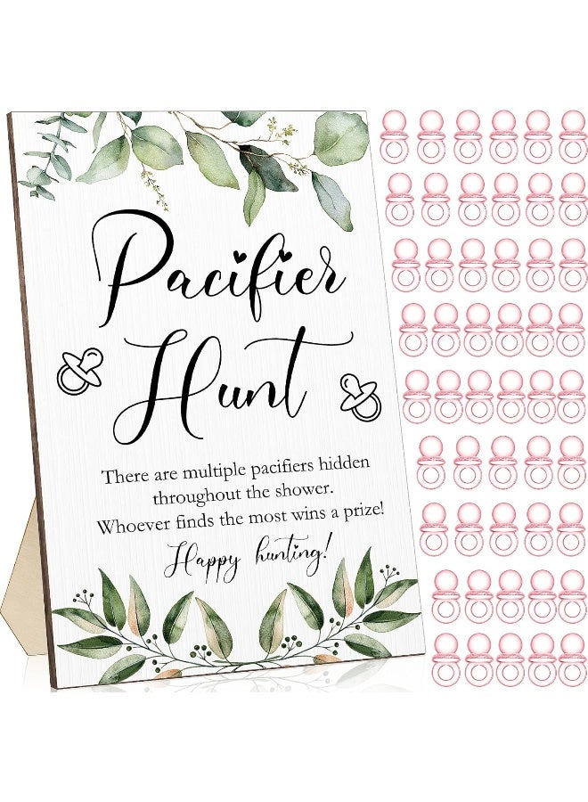 Roowest 51 Pcs Pacifier Hunt Baby Shower Games Include Wooden Hunt Sign and 50 Acrylic Mini Plastic Pacifiers for Baby Shower Game Decoration Gift Sets Gender Reveal Party Supplies - Image 1