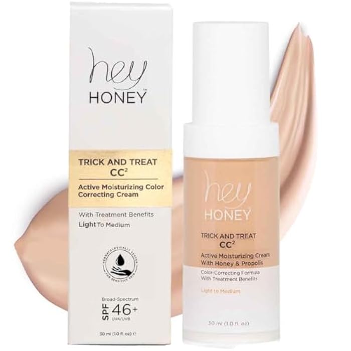 Hey Honey Trick and Treat CC Cream SPF 46 | Active Moisturizing Color Correcting Cream with Honey & Propolis | Best Cover For Rosacea, Skin Redness & Mature Skin | Cruelty-Free | 1 oz (Light-Medium) - Image 1