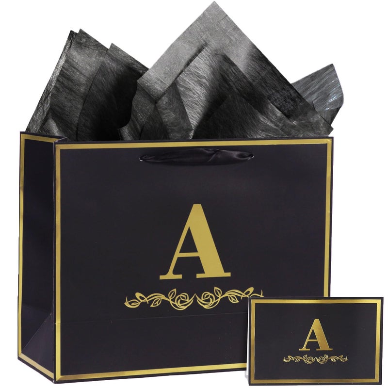 momoake Alphabet Birthday Gift Bag with Card and Tissue Paper for Men Women, 13" Large Black Gold Personalized Bridal Party Gift Paper Bag for Gifts Wrapping - (Letter A) - Image 1