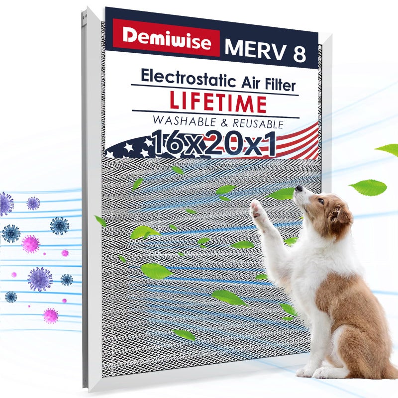 Demiwise MERV 8 16x20x1 Washable Aluminum Lifetime Furnace Filter Reusable ACHVAC Filter Permanent Air Filter Easy to Clean Healthier Home or Office