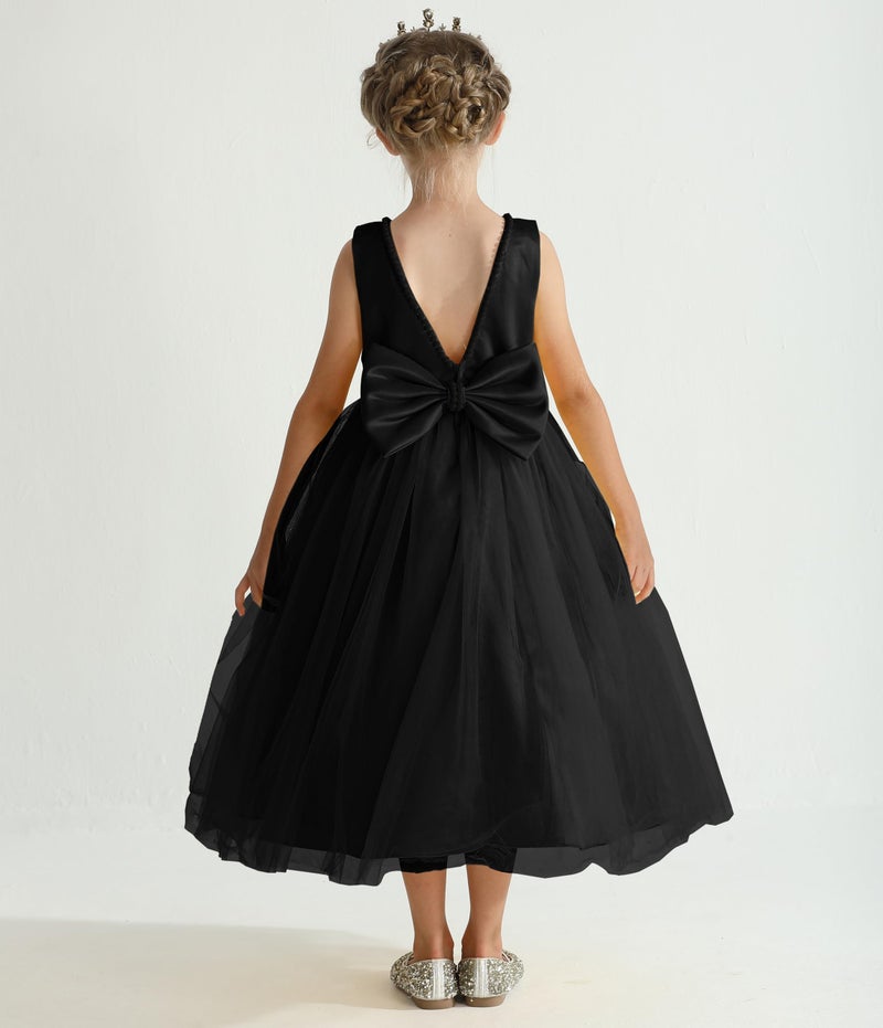 Uhnice Flower Girl Pearls Dress V-Back Tulle Ball Gown Satin Prom with Bow-Knot for Wedding Pageant Birthday Party (Black, 130/7-8 Years) - Image 2