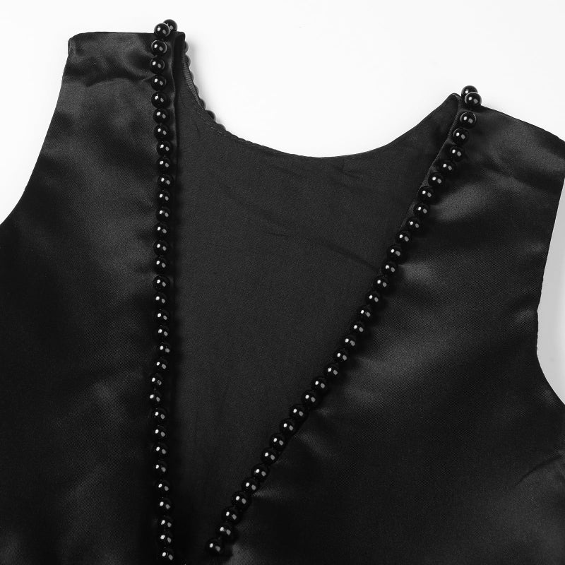 Uhnice Flower Girl Pearls Dress V-Back Tulle Ball Gown Satin Prom with Bow-Knot for Wedding Pageant Birthday Party (Black, 130/7-8 Years) - Image 5