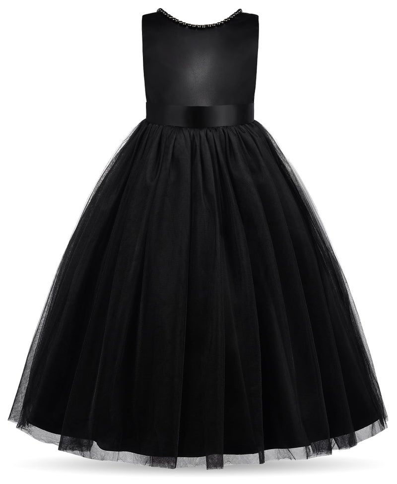 Uhnice Flower Girl Pearls Dress V-Back Tulle Ball Gown Satin Prom with Bow-Knot for Wedding Pageant Birthday Party (Black, 130/7-8 Years) - Image 3