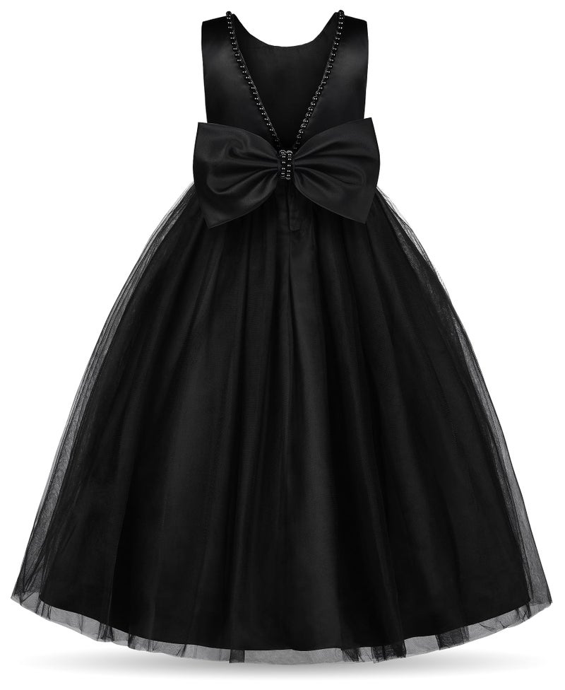 Uhnice Flower Girl Pearls Dress V-Back Tulle Ball Gown Satin Prom with Bow-Knot for Wedding Pageant Birthday Party (Black, 130/7-8 Years) - Image 1