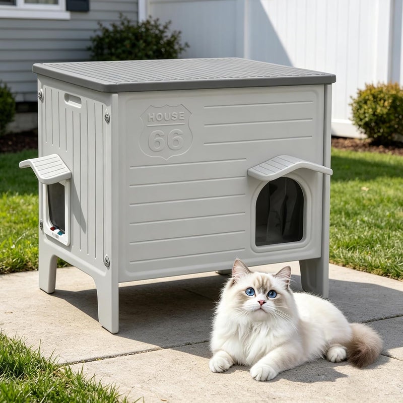 Deblue Heated Cat House for Outside Weatherpoof Plastic Cats Houses Outdoor with Escape Door Indoor Waterproof Feral/Pet Cat Shelter for Puppy, Rabbit(Grey) - Image 1