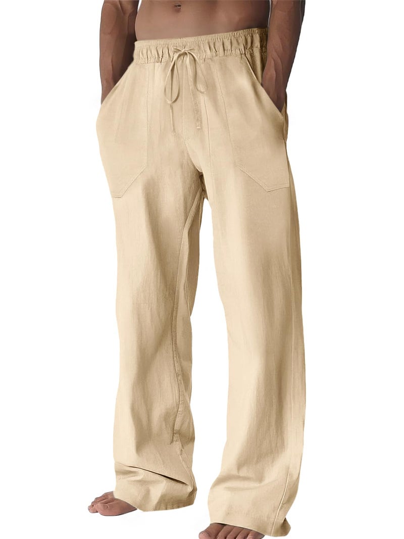 Runcati Mens Casual Pants Linen Drawstring Elastic Waist Loose Fit Straight Leg Pants Summer Beach Vacation Yoga Trousers Beige - Image 1