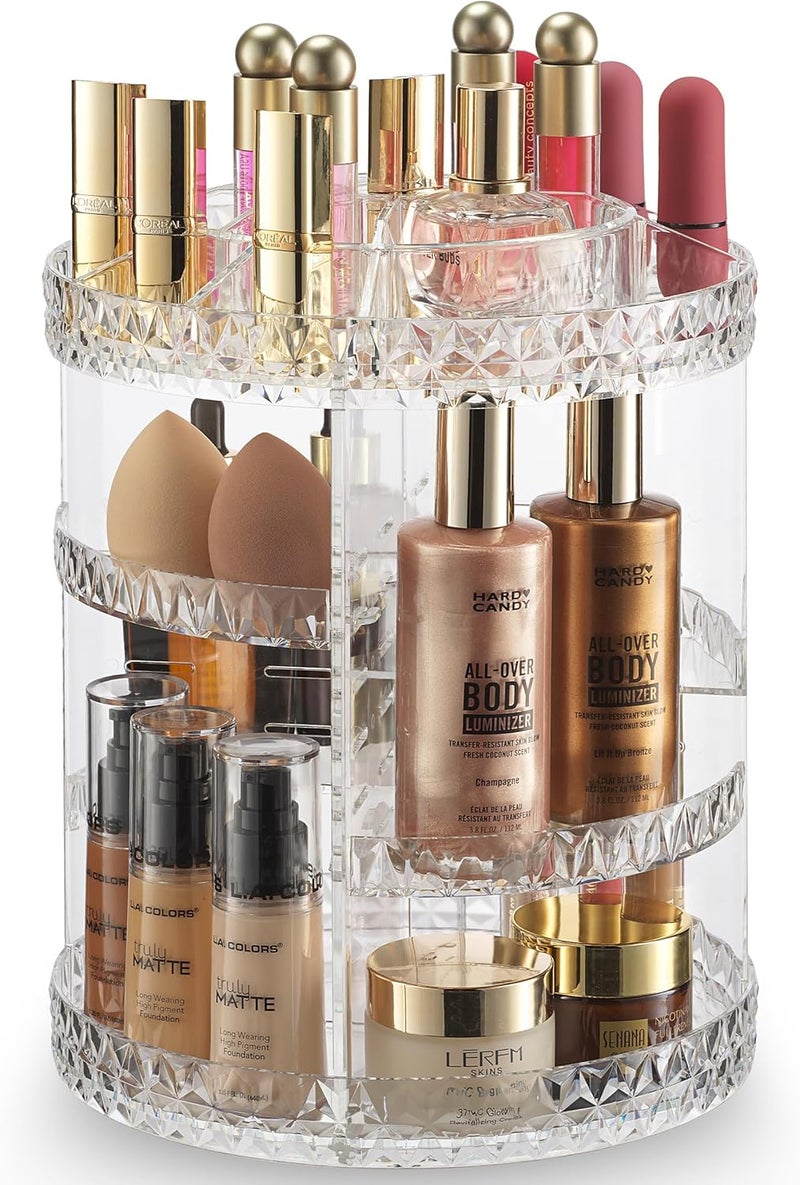 Masirs 360 Rotating Makeup Organizer Diamond Design - Adjustable Shelf Height and Fully Rotatable - The Perfect Round Spinning Cosmetic Organizer for Bedroom Dresser or Vanity Countertop Storage (Clear) - Image 1