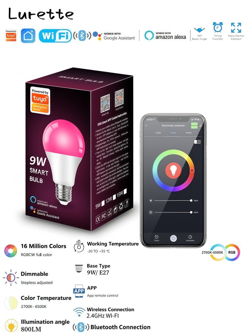 Lurette 9W E27 Base Smart Bulb, WiFi Bluetooth Dual Connection, Remote Control, Tuya Smart App & Voice Control  with Alexa & Google Assistant, 800LM Color Changing LED Bulb, 16 million color adjustments (1 Pack) - Image 1