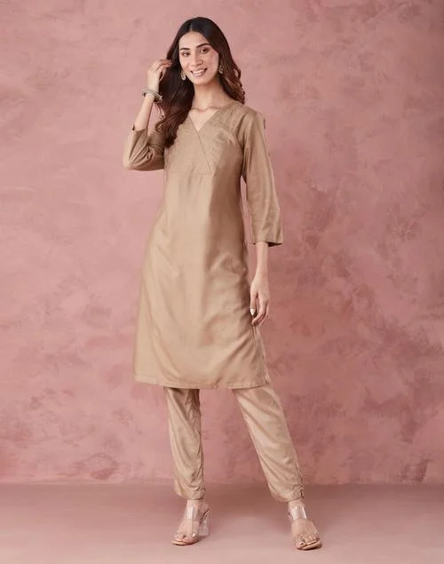 Fabindia Beige Viscose Silk Embroidered Knee Length Kurta