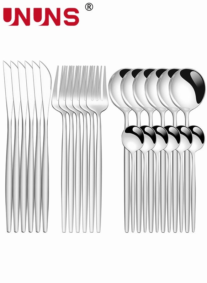 UNUNS 24 PCS Flatware Set with Knives Spoons and Forks, 410 Stainless Steel Flatware Set, Silverware Cutlery Set, Utensils Set Basics Tableware,Mirror Finish, Dishwasher Safe - Image 1