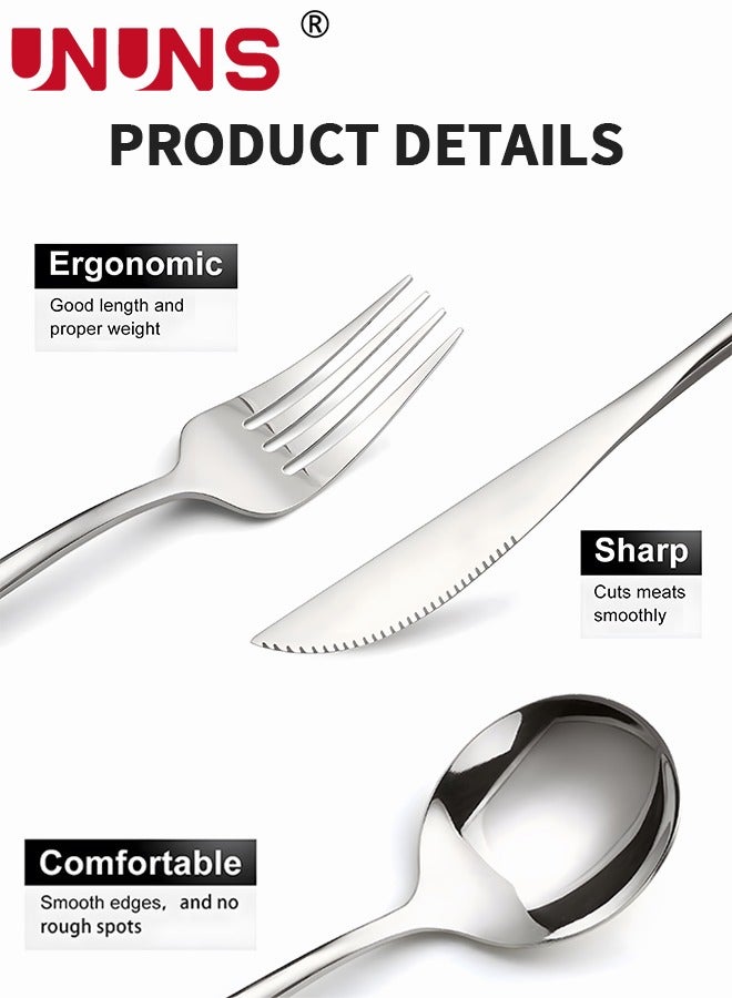 UNUNS 24 PCS Flatware Set with Knives Spoons and Forks, 410 Stainless Steel Flatware Set, Silverware Cutlery Set, Utensils Set Basics Tableware,Mirror Finish, Dishwasher Safe - Image 2