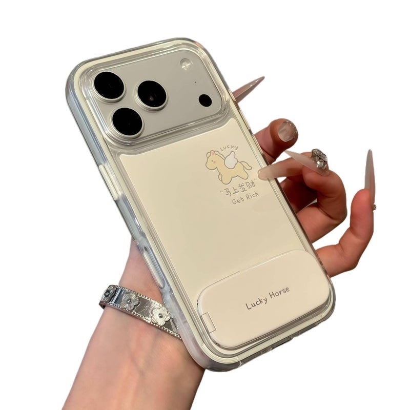 iPhone 12 Silicone Protective with Kickstand and Mirror and Lucky Money Pattern in White for Indoor Use - Image 1