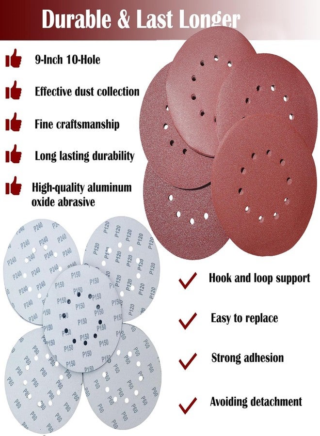 Sackorange 100 PCS 9 Inch 10 Hole Hook and Loop Sanding Discs Set - 60 80 120 150 240 Grits Aluminum Oxide Sander Paper for 9" Drywall Sander Wood Furniture Finishing - Image 5