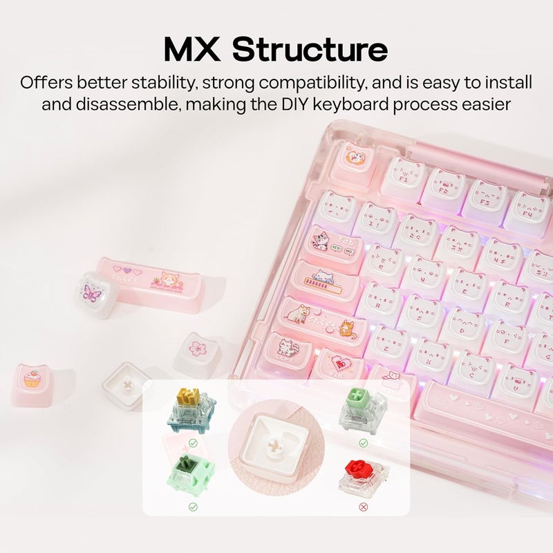 KiiBoom Cute Cat Keycaps Set, Mao Profile, PBT/PC Keycap for MX Switches Mechanical Keyboard, Compatible with 60%, 65%, 75%, TKL, 96%, Full-Sized Layout (Mewsic) - Image 5