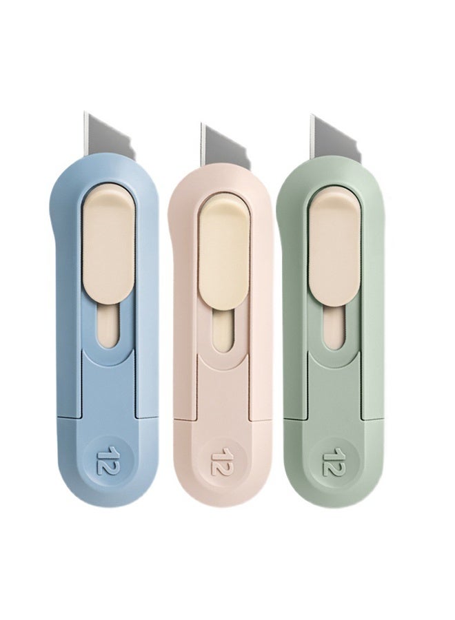 قاطع صناديق صغير، 3 قطع سكين صغيرة للاستخدام المتعدد، قاطع صناديق صغير للنساء مع دوران للسحب، قاطع صناديق قابل للسحب، مفتاح فتح الطرود، قواطع صناديق للاستخدام المنزلي والمكتبي والسفر والأعمال اليدوية - Image 1