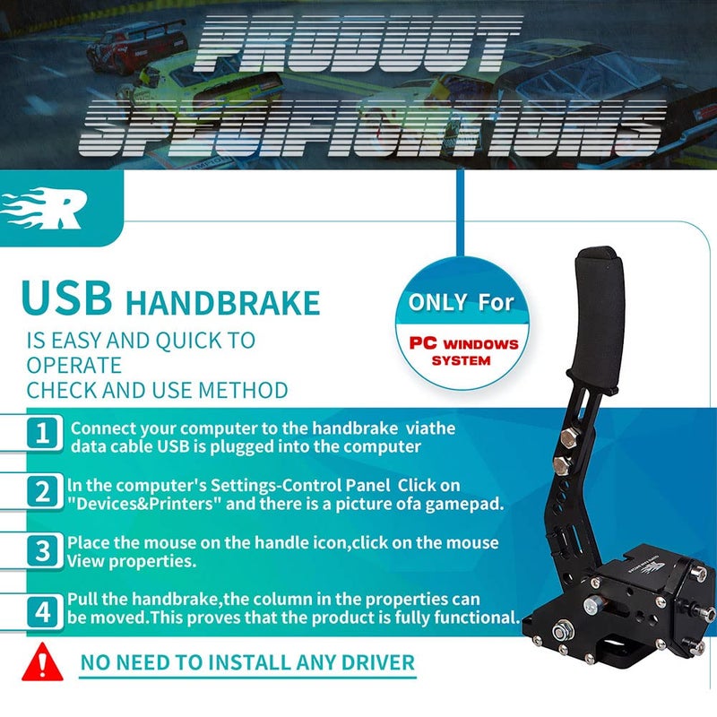 CNRAQR PC Racing Game USB Handbrake for 16Bit SIM for Racing Games, Compatible with G27 G29 G920 G923 T500 T300 Simulate Linear Handbrakeï¼ˆWith Fixing Clip and Plate - Image 2
