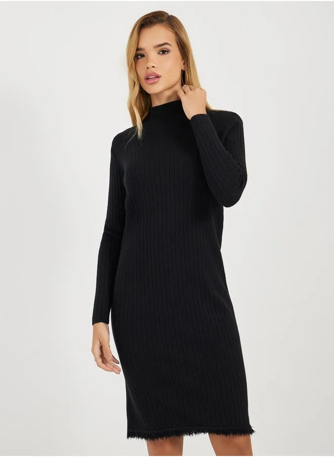 Styli Frayed Edge Knitted Sweater Knee Length Dress