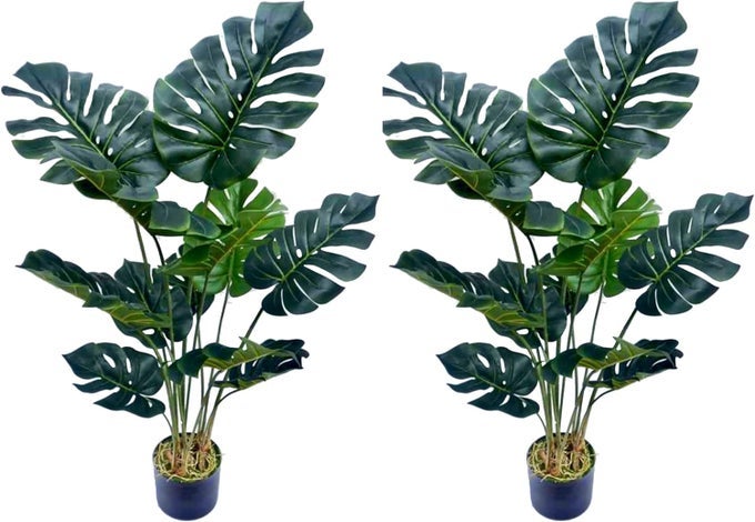 PAIR GORGEOUS 4 FEET TROPICAL MONSTERA PALM ARTIFICIAL PLANT TREE WITH NURSERY POT REAL TOUCH TECHNOLOGY WITH UV PROTECTION GREEN 2