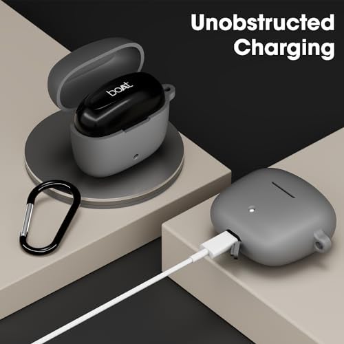 Sounce Earphone Case Cover Compatible for Boat Airdopes 200 Plus, Soft Silicone Skin Case Cover Shock-Absorbing Protective Case with Keychain - Grey - Image 3