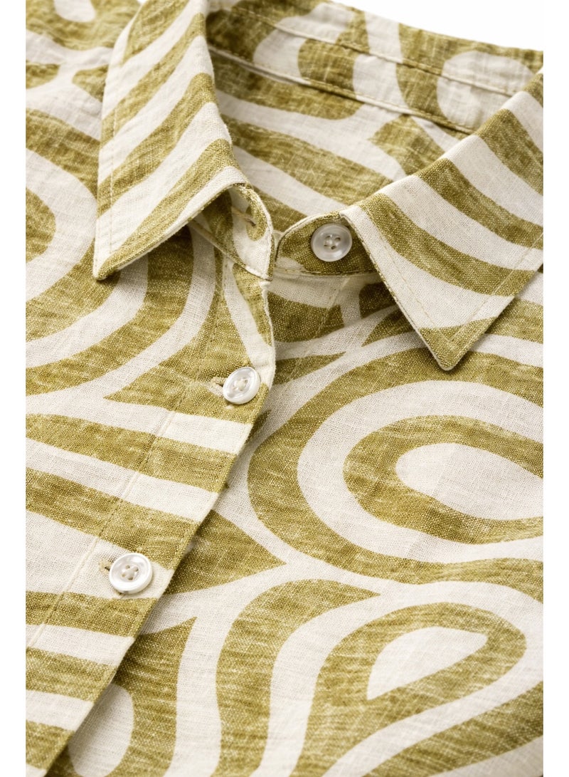 Women's Abstract Print Linen Blend Shirt, Green and White, Long Sleeves, Classic Pointed Collar, Button-Down, Relaxed Fit - Image 5