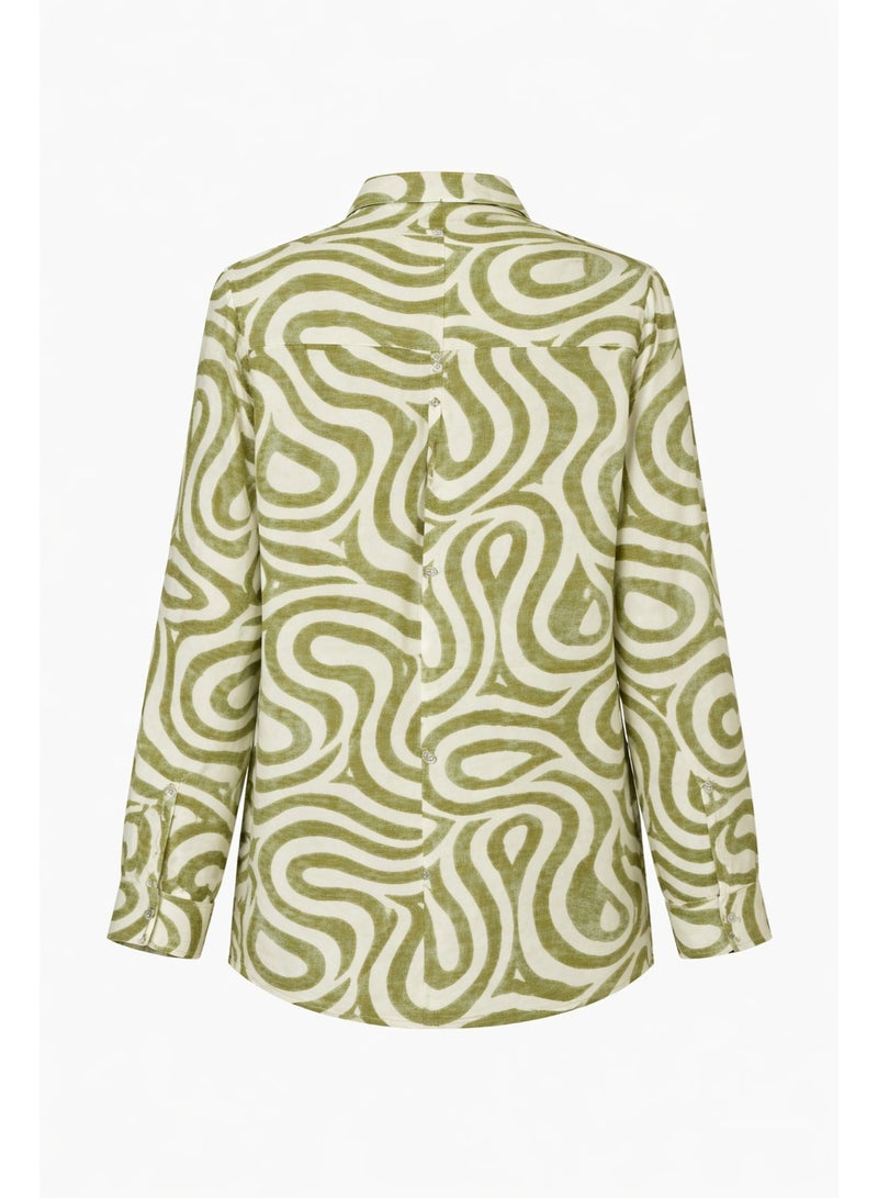 Women's Abstract Print Linen Blend Shirt, Green and White, Long Sleeves, Classic Pointed Collar, Button-Down, Relaxed Fit - Image 2