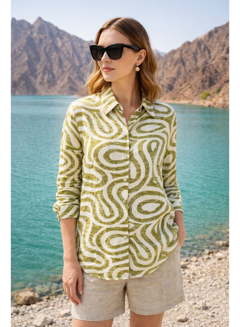 Women's Abstract Print Linen Blend Shirt, Green and White, Long Sleeves, Classic Pointed Collar, Button-Down, Relaxed Fit - Image 4