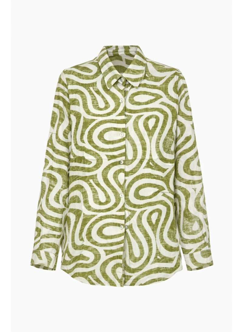 Women's Abstract Print Linen Blend Shirt, Green and White, Long Sleeves, Classic Pointed Collar, Button-Down, Relaxed Fit - Image 1